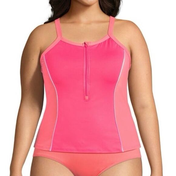 Lands' End Chlorine Resistant High Neck Zip Front Racerback Tankini Short Set - Picture 1 of 8